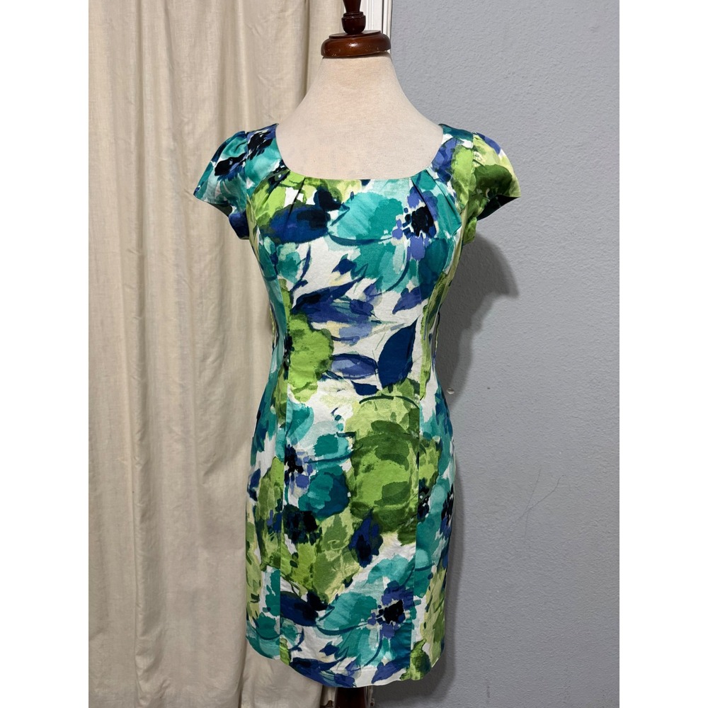 iZ Byer‎ California Green Blue Floral Watercolor Sheath Cotton  Dress Cap Size 9